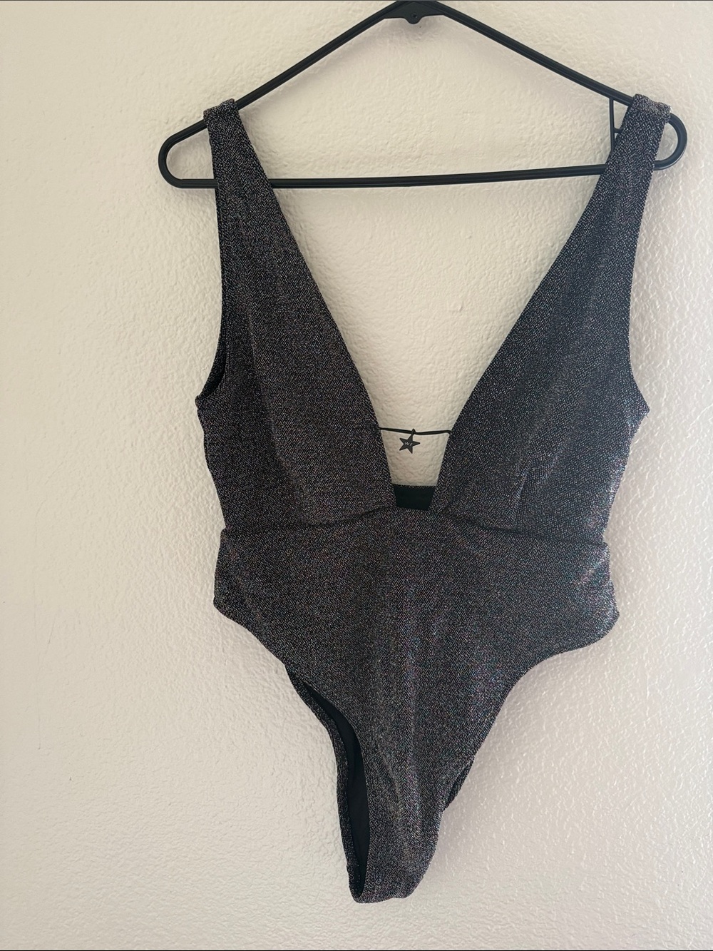 White Fox Boutique Shimmer Plunge One-Piece - Black/Silver Sparkle